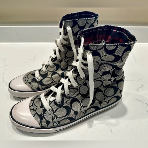 Coach Booney High-Top Sneakers with Monogram and Plaid Pattern - size 8.5B - Picture 1 of 6